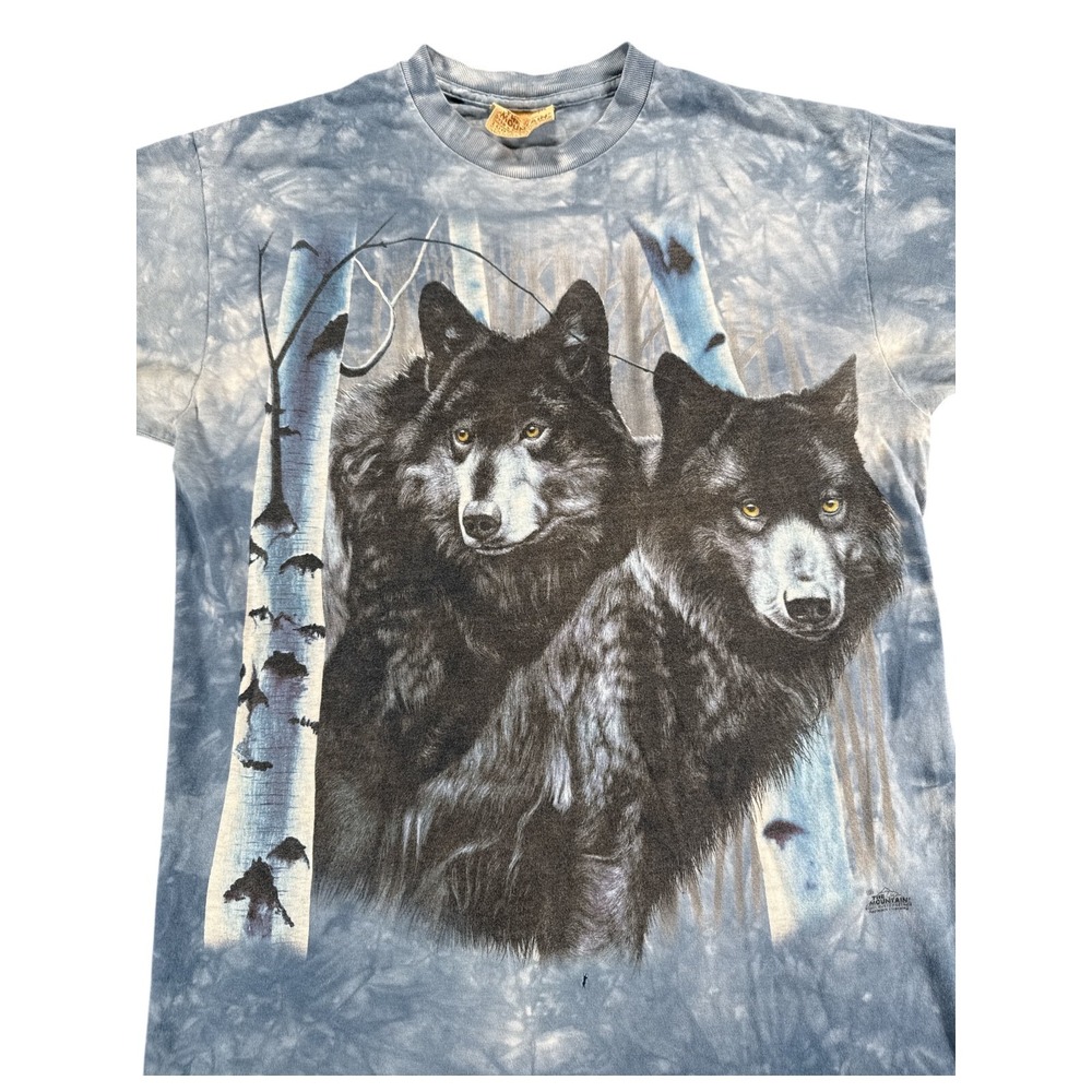 Vintage The Mountain Black Wolf Shirt Mens Size Medium‎ Blue Tie Die Shirt 2001